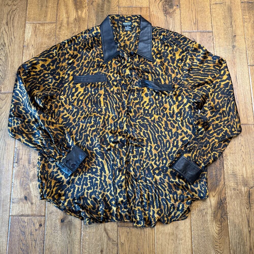 VTG Braefair 100% Silk Leopard Print Blouse Leather Trim Long Sleeves Womens 16